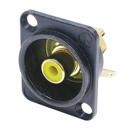 Neutrik NF2D-B-4 - панельный разъем RCA гнездо, тип-D, черный корпус, под пайку провода, желтый в магазине для музыкантов Рок-н-Ролл