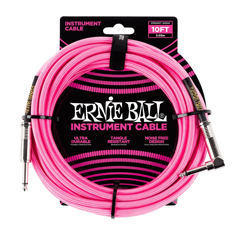 Ernie Ball 6078 - кабель инструментальный, оплетёный, 3,05 м, прямой/угловой джеки, розовый неон в магазине для музыкантов Рок-н-Ролл
