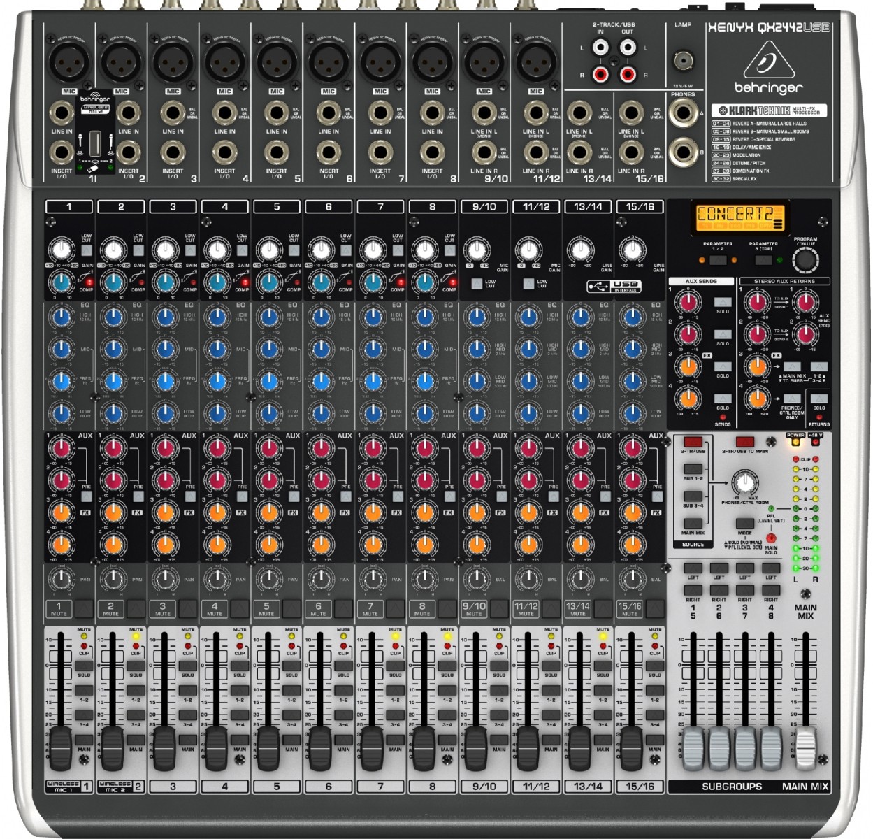 Behringer Xenyx QX2442USB - микшер, 16 каналов, USB/Audio интерфейс, DSP, 8 каналов компрессоров в магазине для музыкантов Рок-н-Ролл
