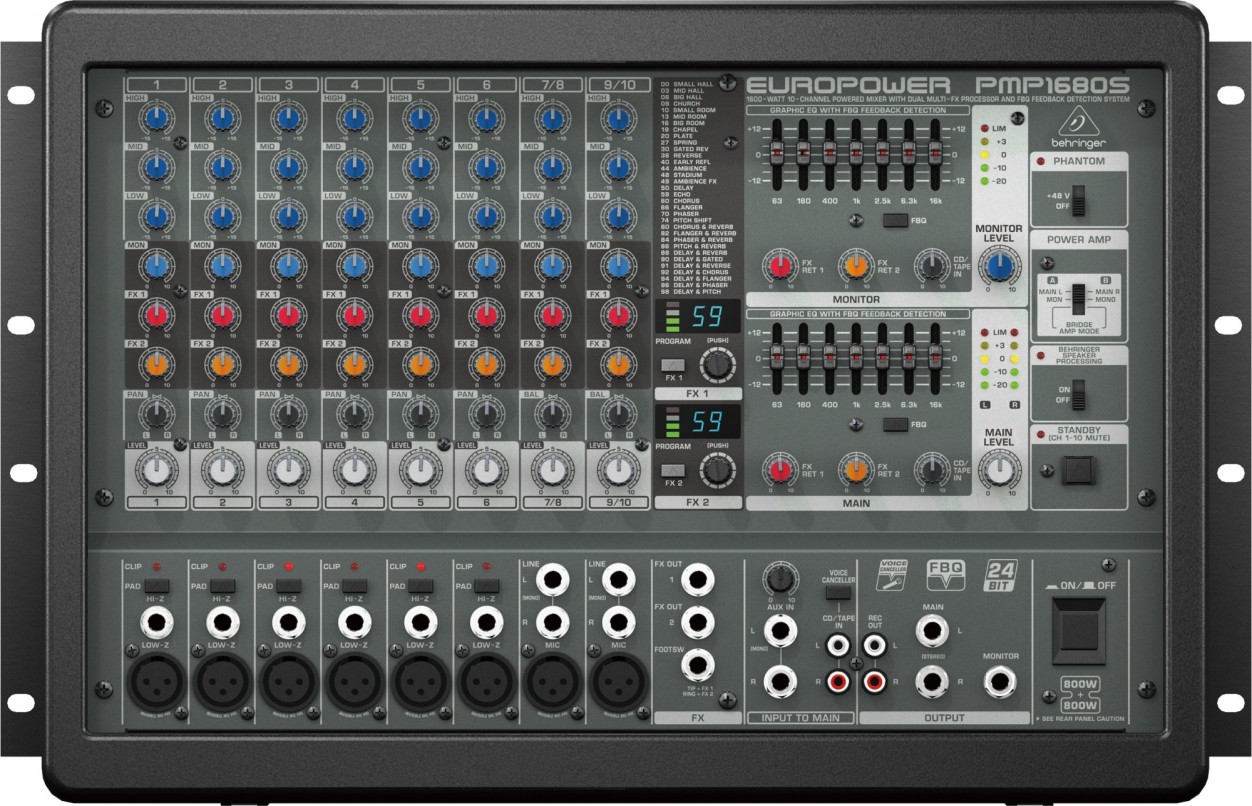 Behringer PMP 1680S - микшер со встроен усилит,рэковый,2х800 Вт,6 моно,2 стерео, эквалайзер, эффекты в магазине для музыкантов Рок-н-Ролл