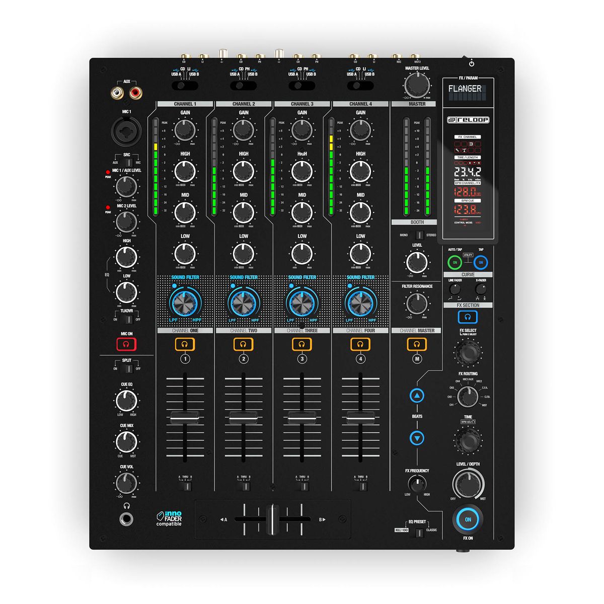 Reloop RMX 95 - DJ-микшер, профессиональный 4+1-канальный, двойной аудиоинтерфейс USB 2.0 в магазине для музыкантов Рок-н-Ролл
