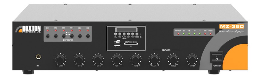 ROXTON MZ-360 - Усилитель 360 Вт, mp3/USB-проигрыватель, FM-тюнер, 6 зон, 3 микрофонных входа в магазине для музыкантов Рок-н-Ролл