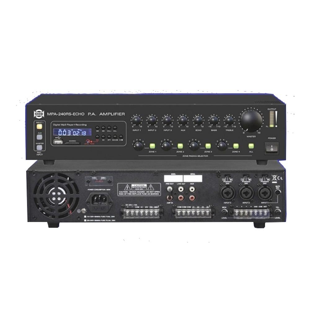 Show MPA240RS - Трансляц. система 240Вт,24V70/100V, mp3-плеер,4mic\line+aux, 4 зоны в магазине для музыкантов Рок-н-Ролл
