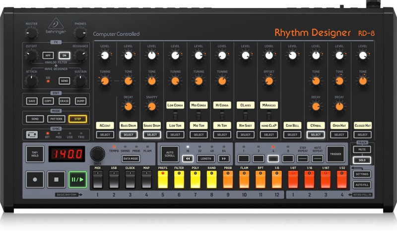 Behringer RD-8 MKII - аналоговая драм-машина, 16 оригинальных ударных, 64-шаговый степ-секвенсор в магазине для музыкантов Рок-н-Ролл