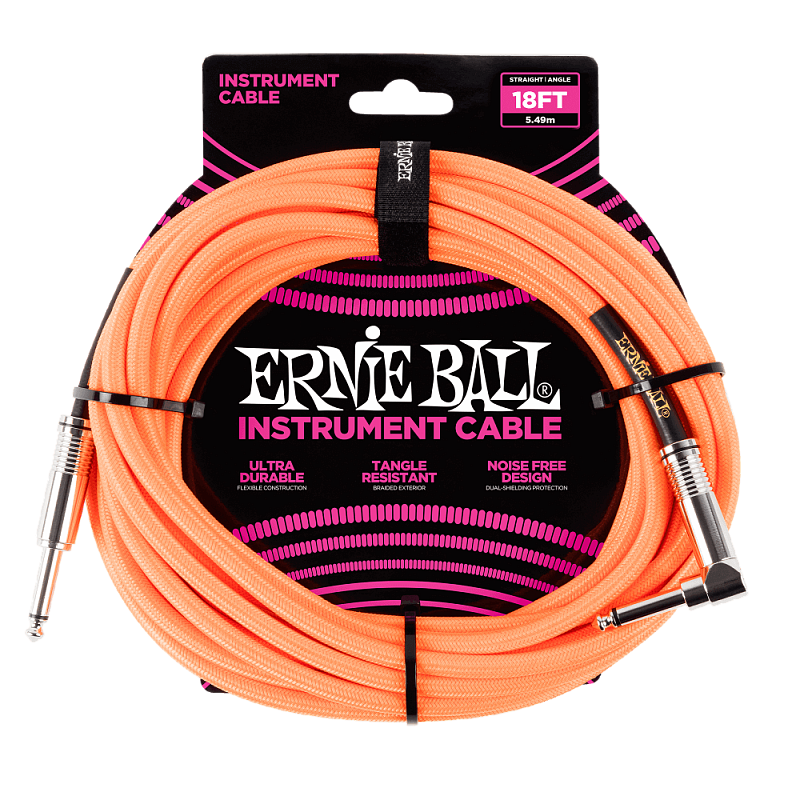 Ernie Ball 6084 - кабель инструментальный, оплетёный, 5,49 м, прямой/угловой джеки, оранжевый неон в магазине для музыкантов Рок-н-Ролл