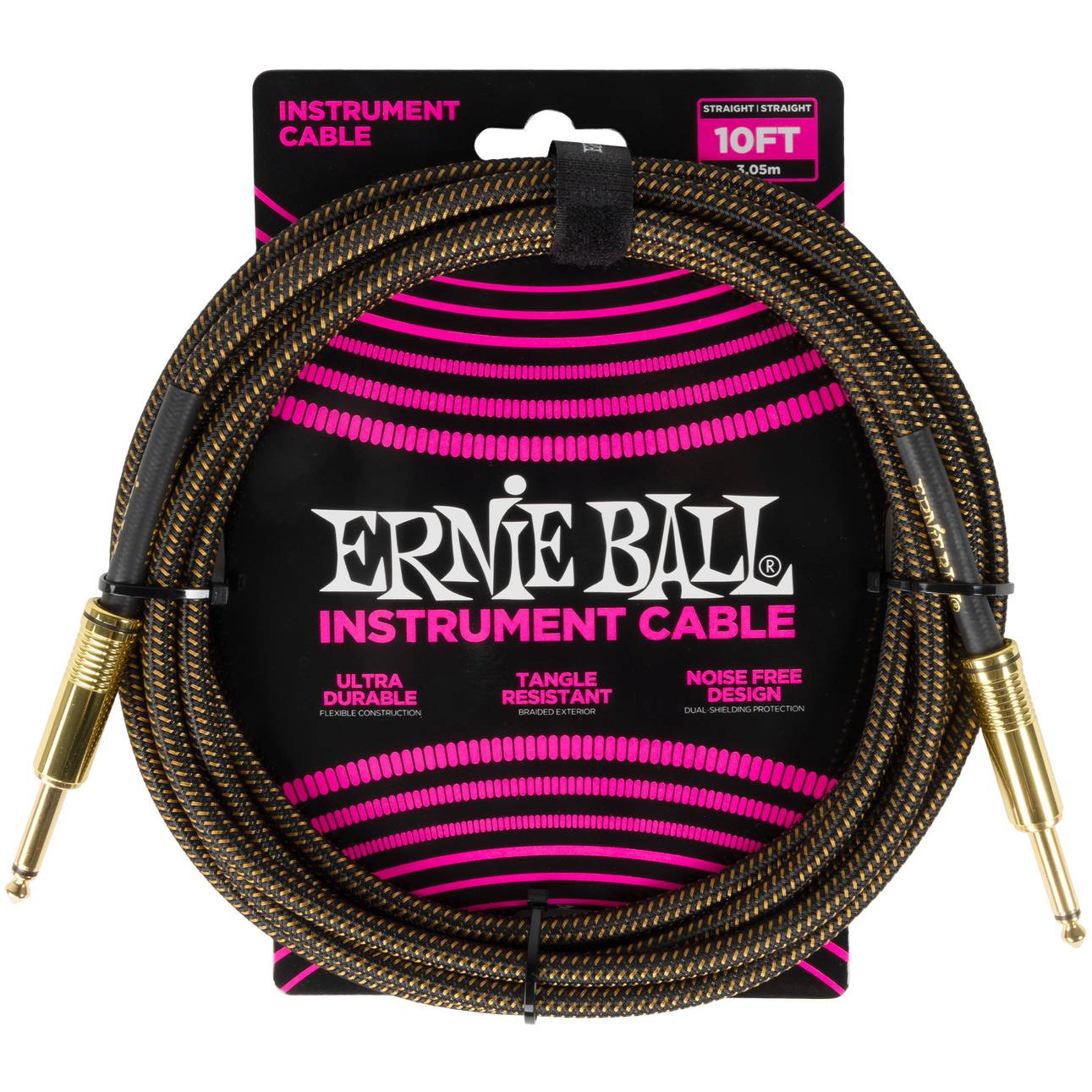 Ernie Ball 6428 - кабель инструментальный, оплетёный, 3,05 м, прямые джеки, черно-золотой в магазине для музыкантов Рок-н-Ролл