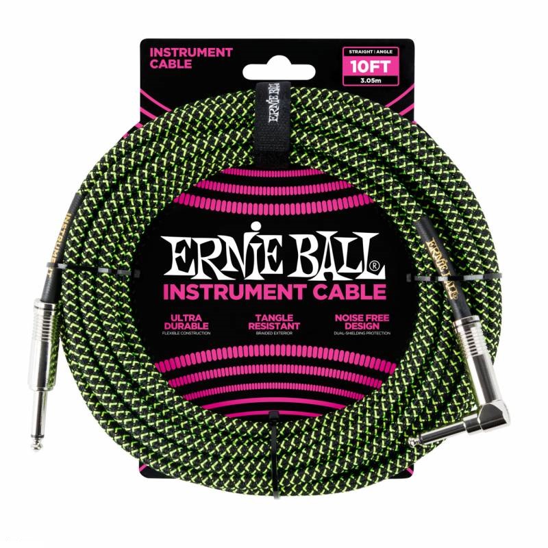 Ernie Ball 6077 кабель инструментальный, оплетёный, 3,05 м, прямой/угловой джеки, чёрно-зелёный в магазине для музыкантов Рок-н-Ролл
