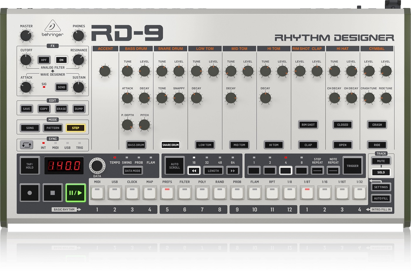 Behringer RD-9 - аналоговая драм-машина, 10 оригинальных ударных, 64-шаговый степ-секвенсор в магазине для музыкантов Рок-н-Ролл