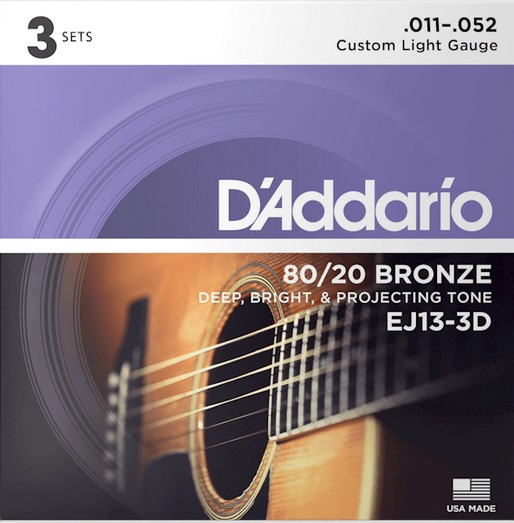 D'Addario EJ13-3D Bronze 80/20 - Струны для акустической гитары, бронза, 11-52, 3 комплекта в магазине для музыкантов Рок-н-Ролл