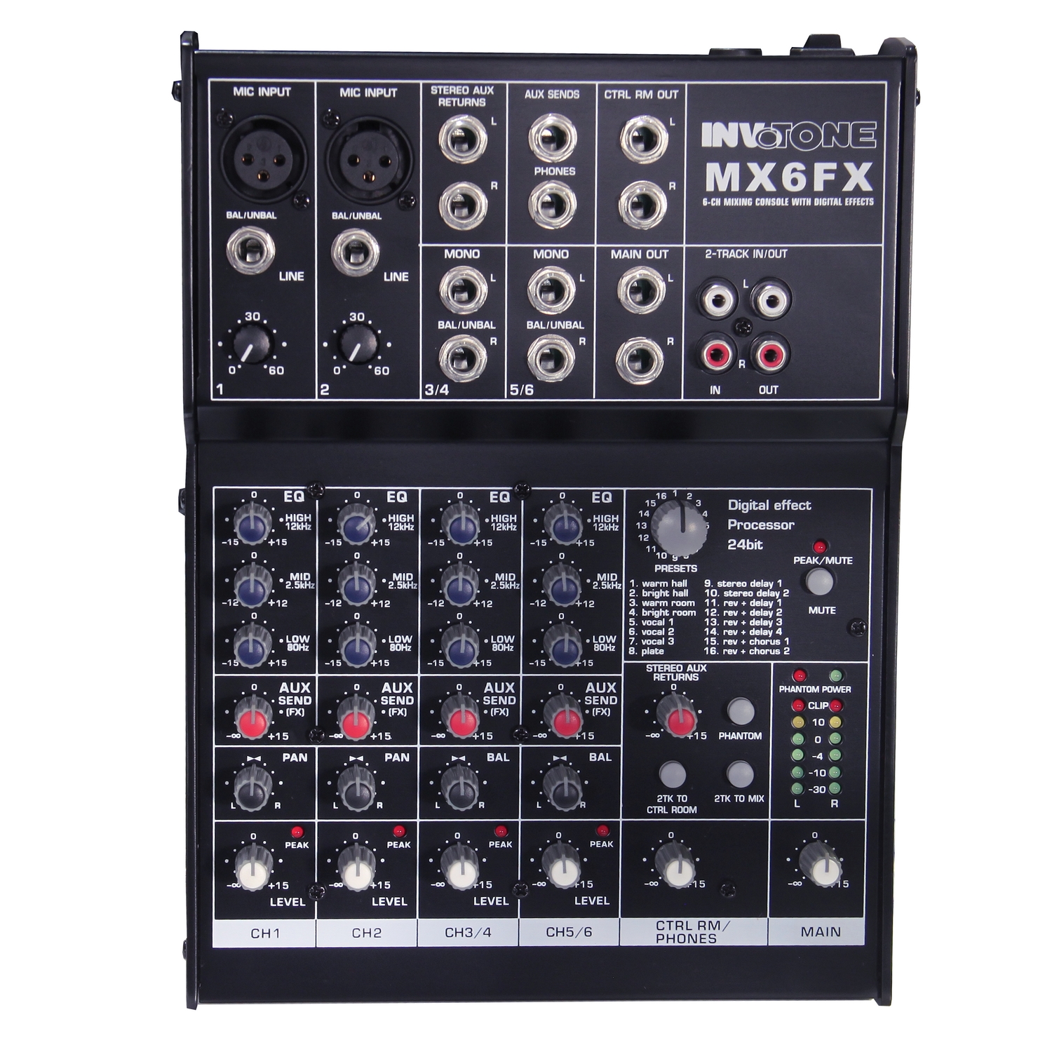 Invotone MX6FX - Микшерный пульт 2 микрофонных входа XLR и балансный Jack, 2 стерео входа в магазине для музыкантов Рок-н-Ролл